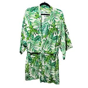 Event Blossom Tropical Palm Leaf Kimono Robe Tie Waist Short Lounge Cover Up